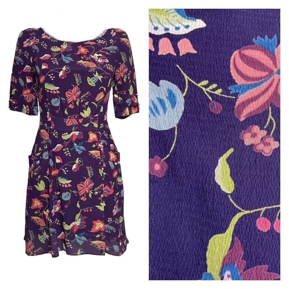 Anthro Leifsdottir Silk Floral Short Sleeve Mini Dress Multi-Color Size Small